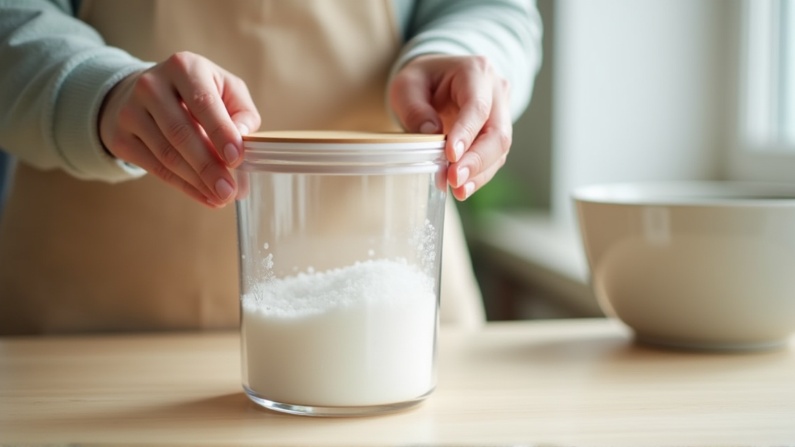 密閉容器のフタを閉めて保存する手元