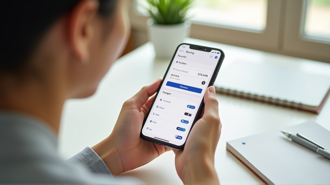スマートフォンで銀行アプリの自動振替設定をしている手元