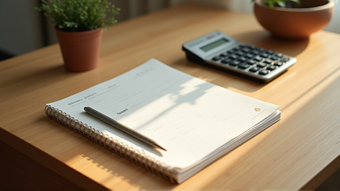 通帳と電卓が置かれたデスクの上で家計を整理している様子
