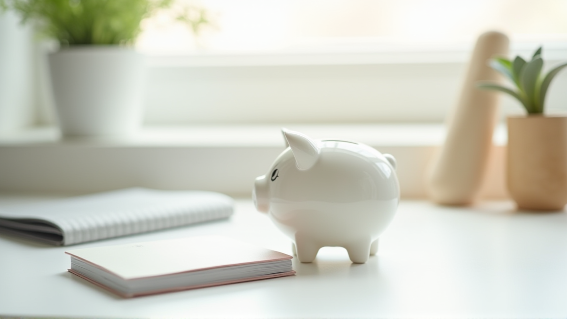 貯金箱と通帳が並んだシンプルなデスク