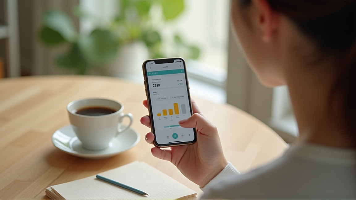 スマートフォンの銀行アプリで残高を確認している手元
