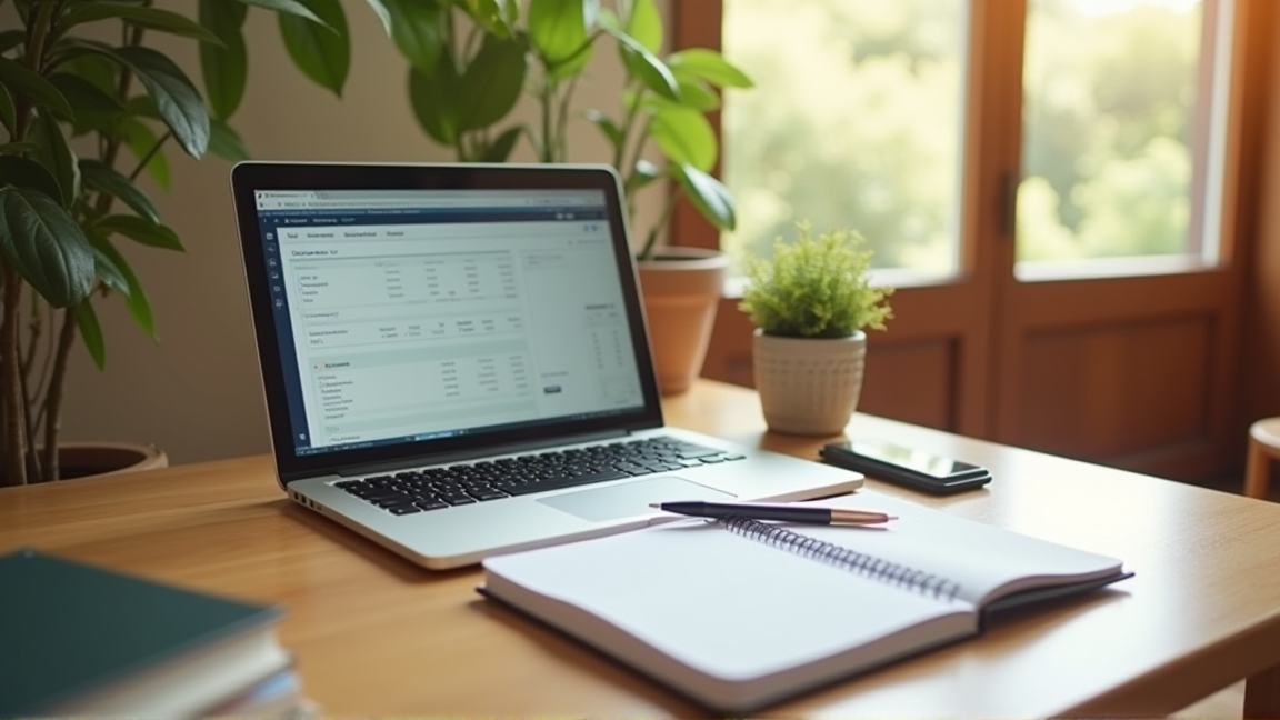 整理されたデスクの上にノートパソコンと家計簿がある様子