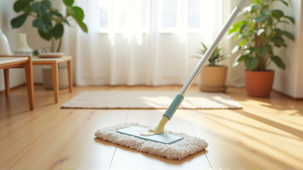 伸縮式フロアワイパーとドライシートが置かれたリビング