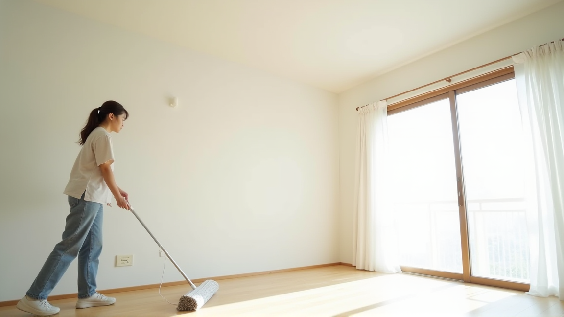 フロアワイパーで天井を掃除している様子