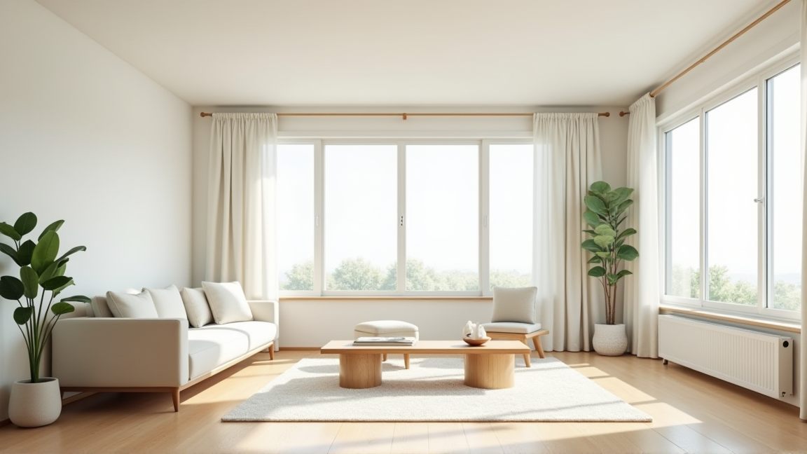 きれいに掃除された白い天井のある明るいリビング