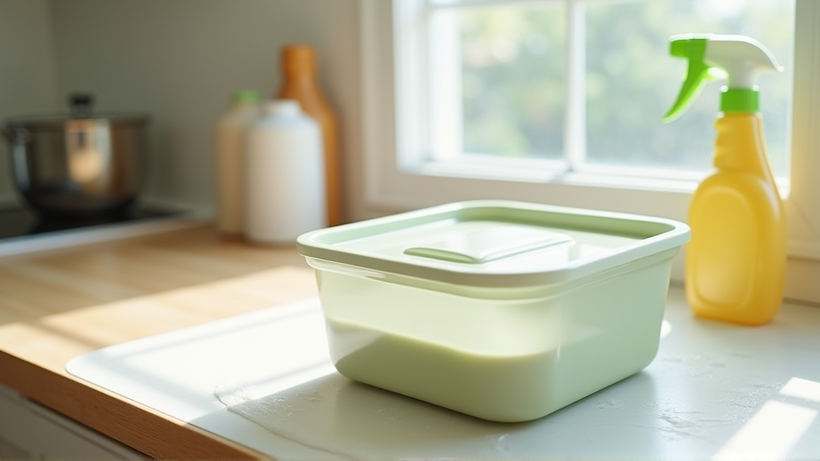 ボウルに漂白液を作って弁当箱をつけ置きしている様子