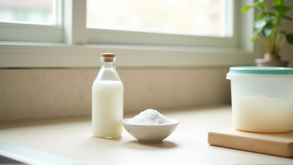 重曹とお酢のボトルがキッチンカウンターに並んでいる様子