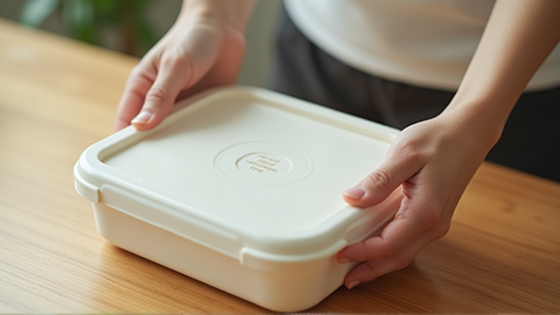 弁当箱の底面に書かれた素材表記を確認している手元