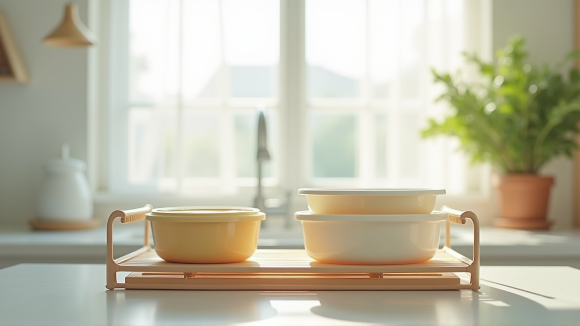 清潔に洗われた弁当箱が乾燥ラックに置かれている様子