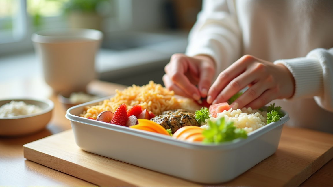 きれいな弁当箱にお弁当を詰めている手元