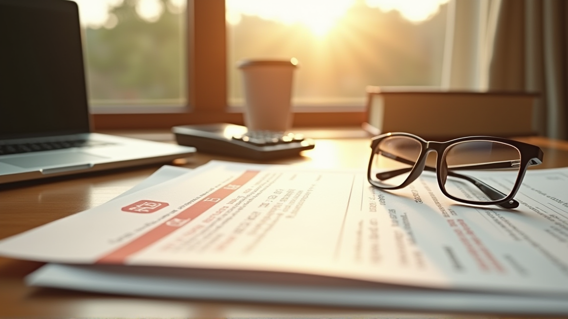 火災保険の証券と電卓を並べて確認する様子