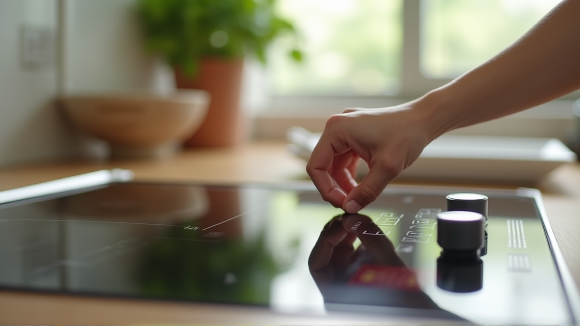 IHコンロの操作パネルを確認する手元