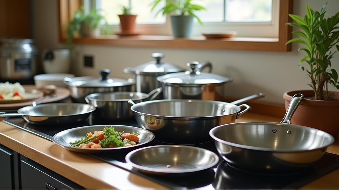 さまざまな素材の鍋を並べた様子