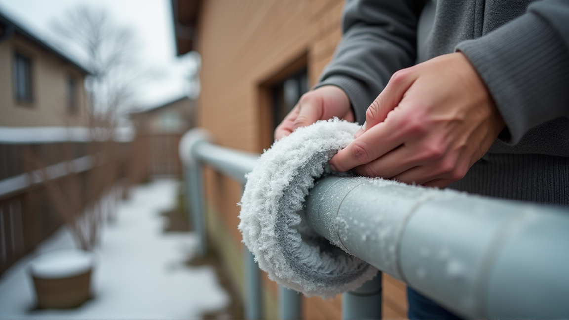 水道管に保温材を巻き付ける作業
