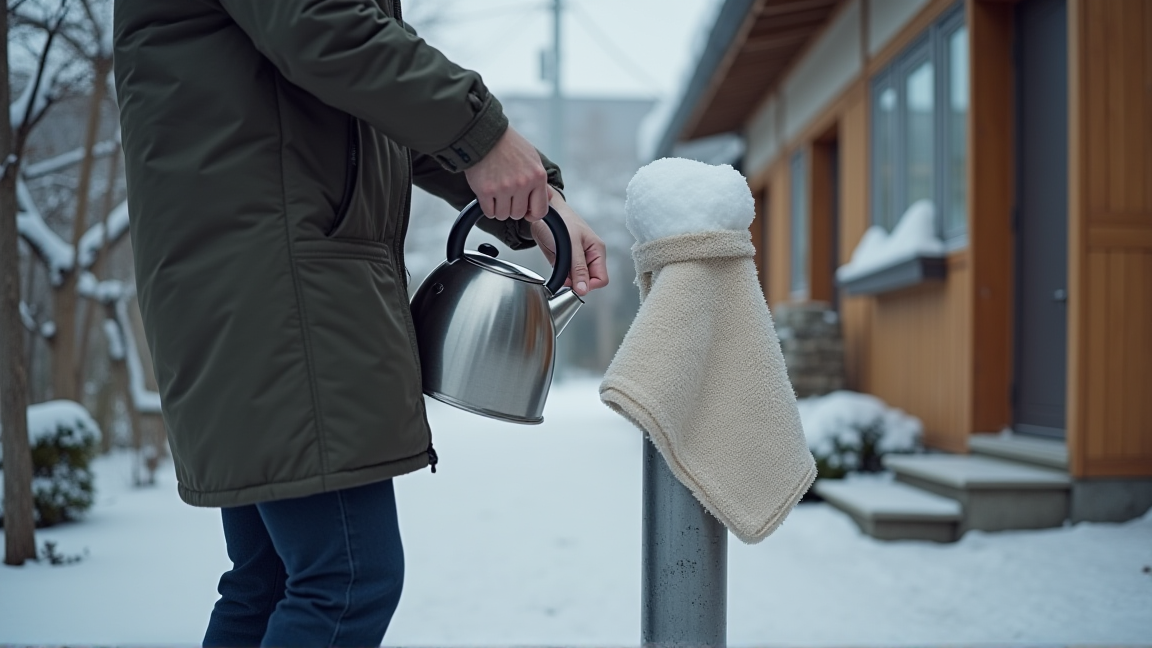 ぬるま湯で凍結した水道管を解凍する様子