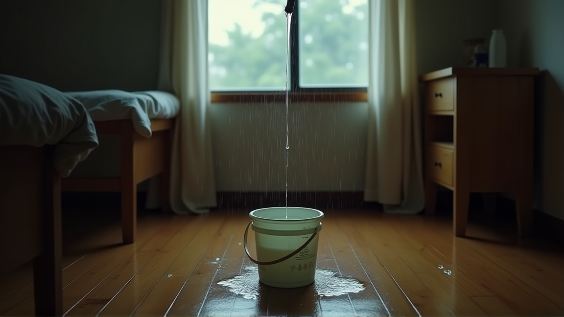 バケツで雨漏りの水を受けている室内