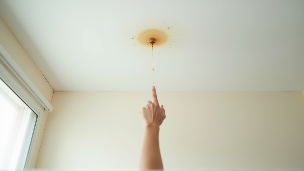 天井のシミを指差して確認する様子