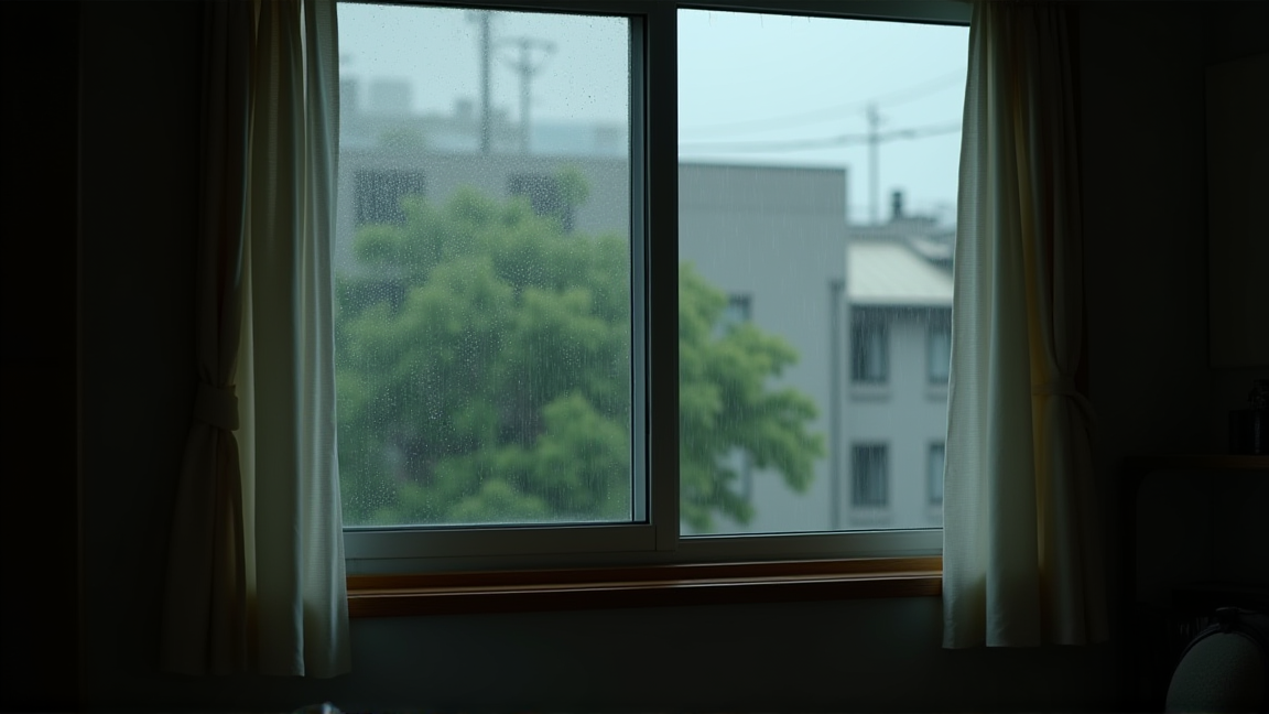 賃貸物件の窓際で雨漏りを確認する様子