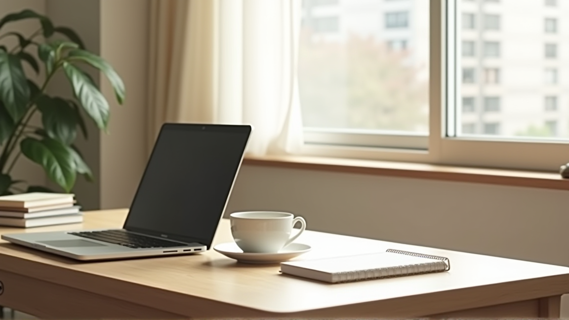 自宅のデスクでパソコン作業をする様子