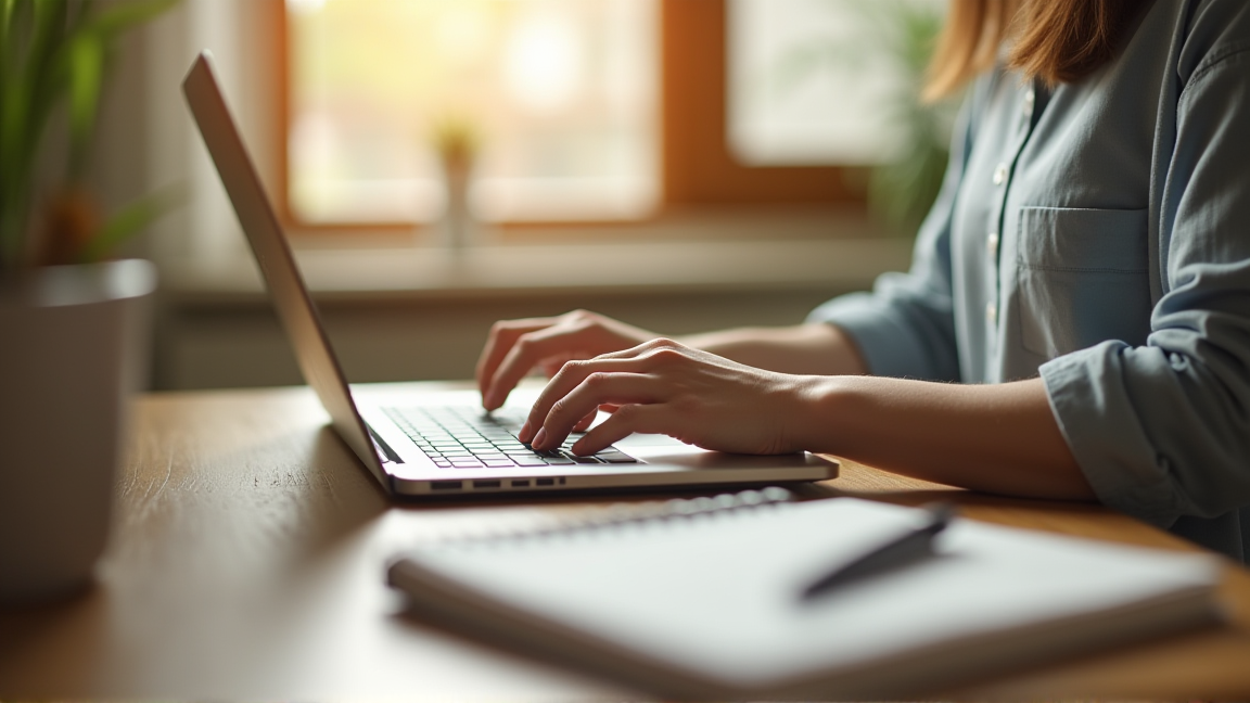 ノートパソコンとメモ帳で副業の計画を立てる様子