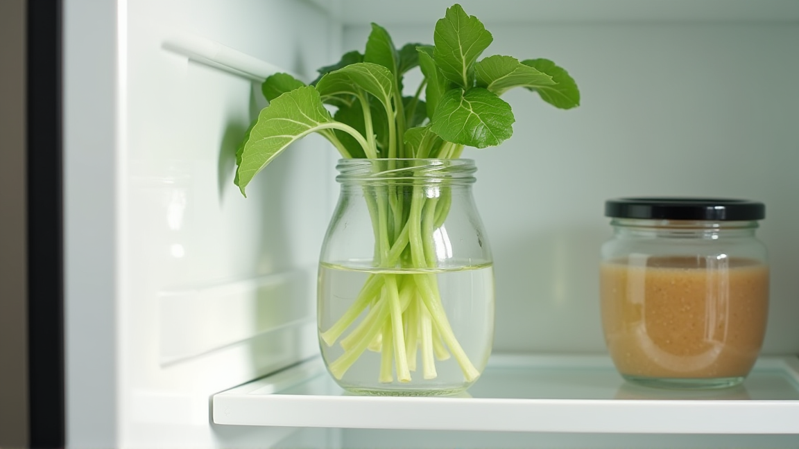 ガラス瓶に水を入れて大葉を立てて保存している様子