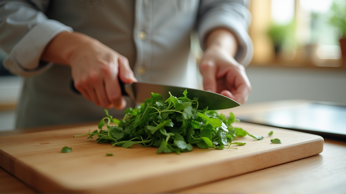 キッチンで大葉の茎を包丁で斜めにカットしている手元