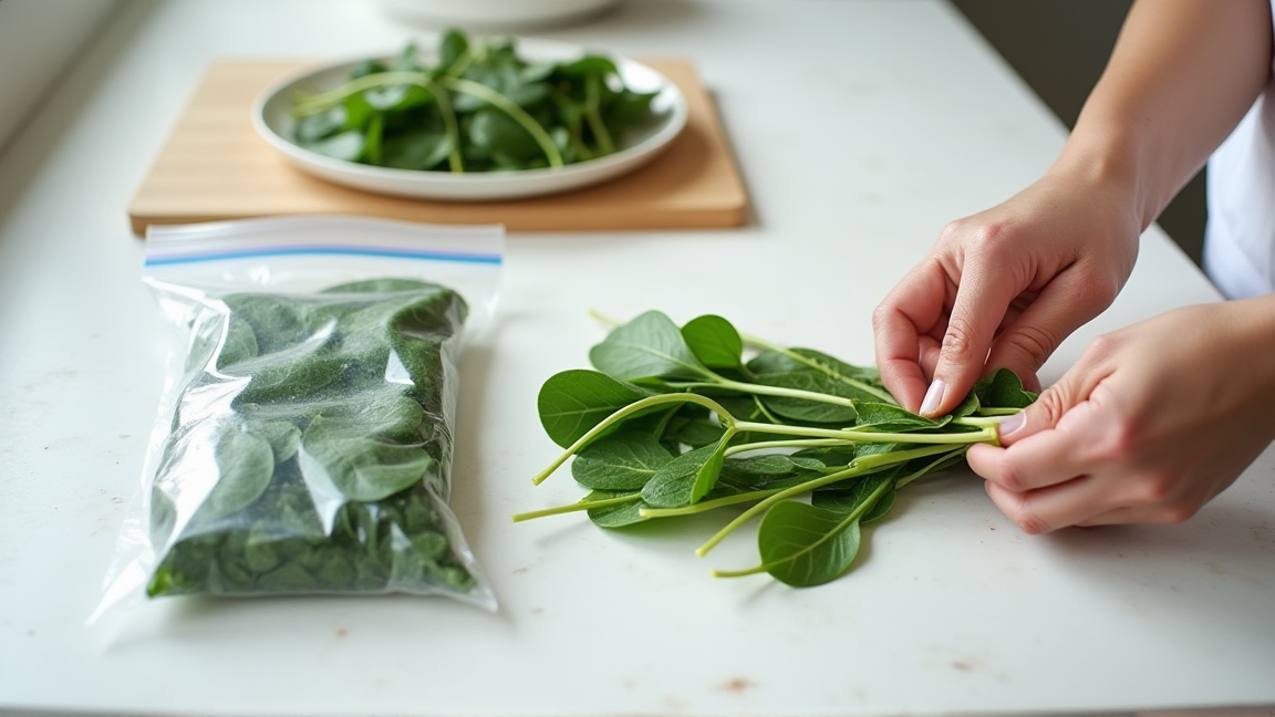 大葉を冷凍用にラップで包んでフリーザーバッグに入れる準備