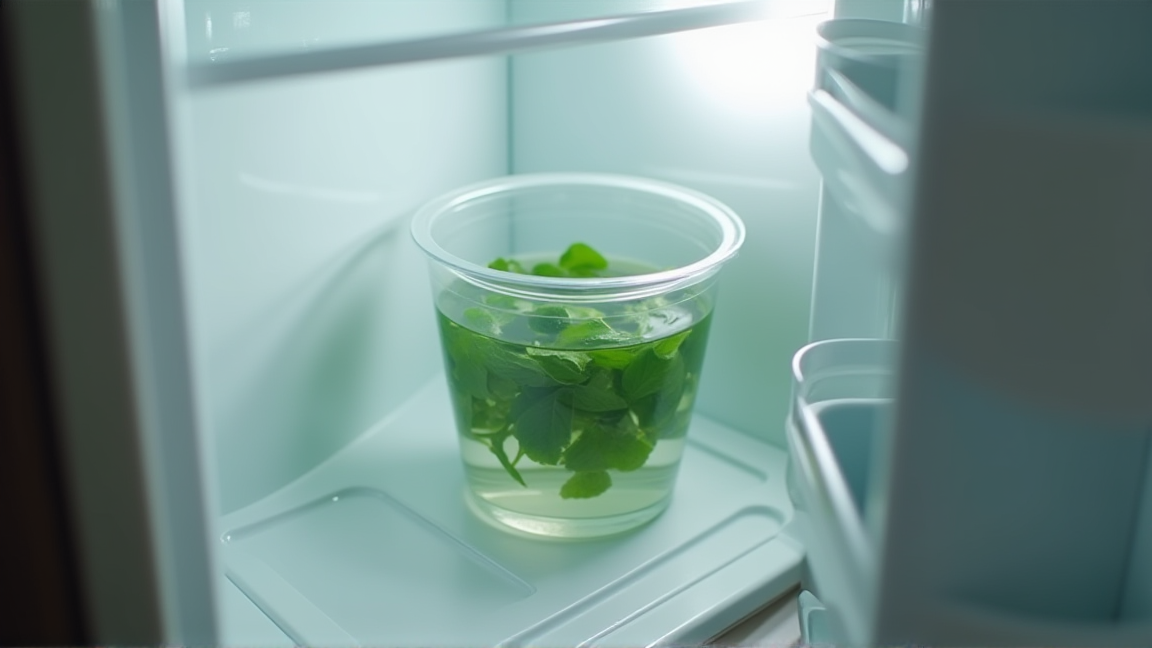 冷蔵庫の野菜室で保存容器に入った大葉を確認している様子