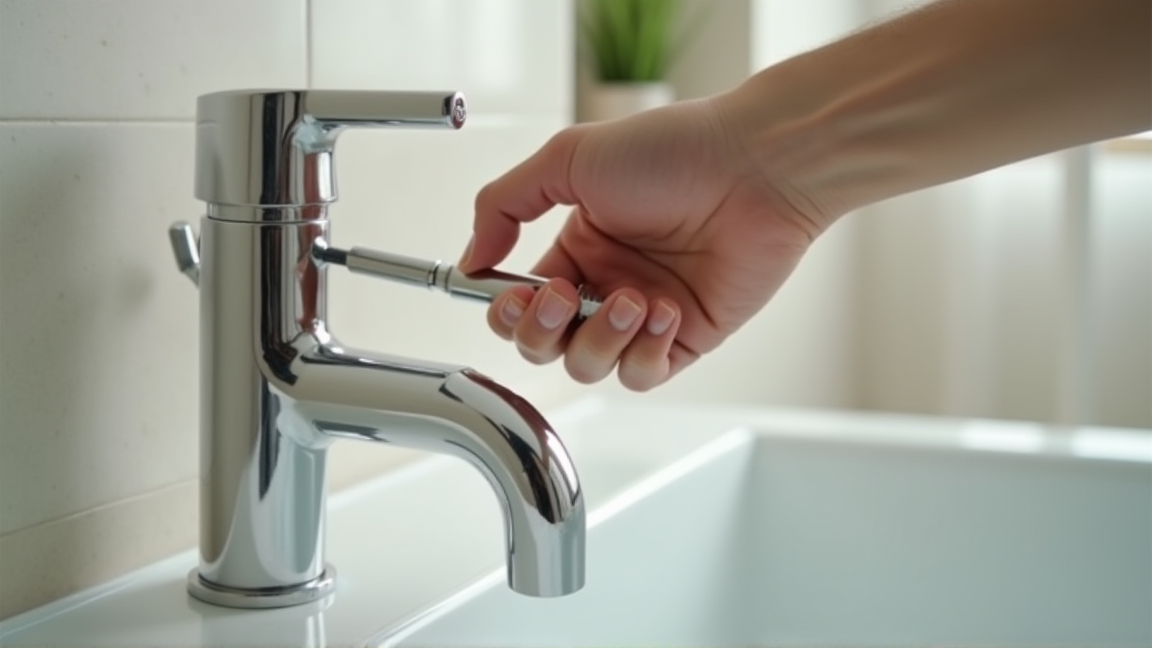 アパートの浴室にある止水栓をドライバーで調整している手元