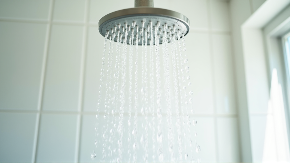 シャワーから勢いよく水が出ている明るい浴室