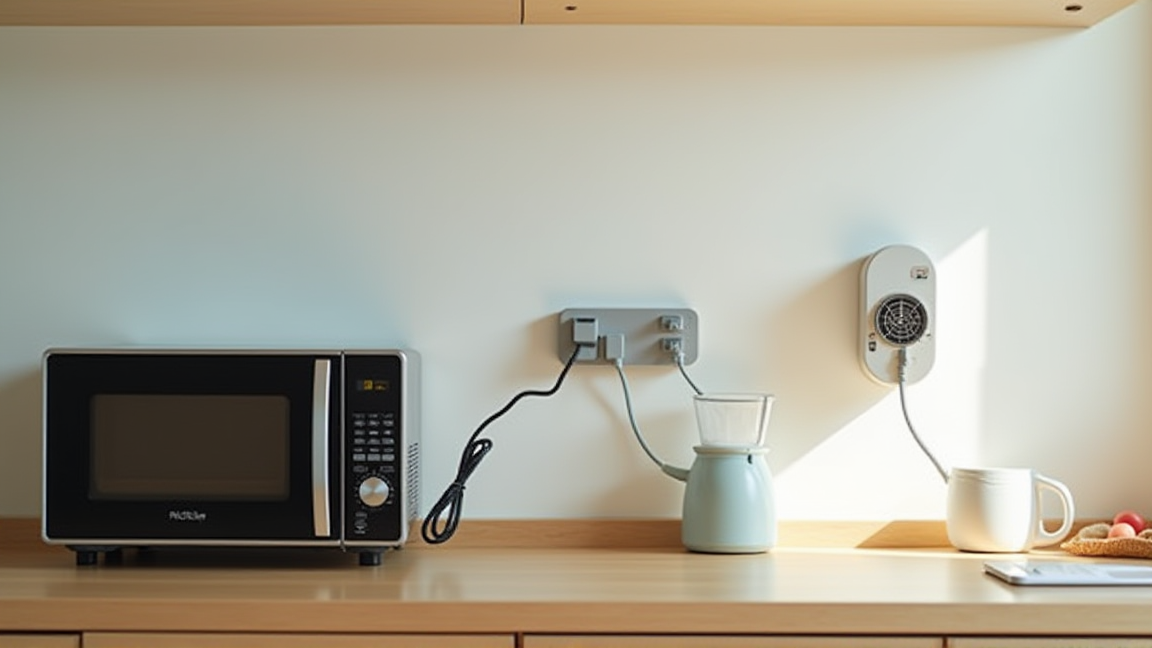 キッチンで電子レンジとドライヤーが同時に使われているイメージ