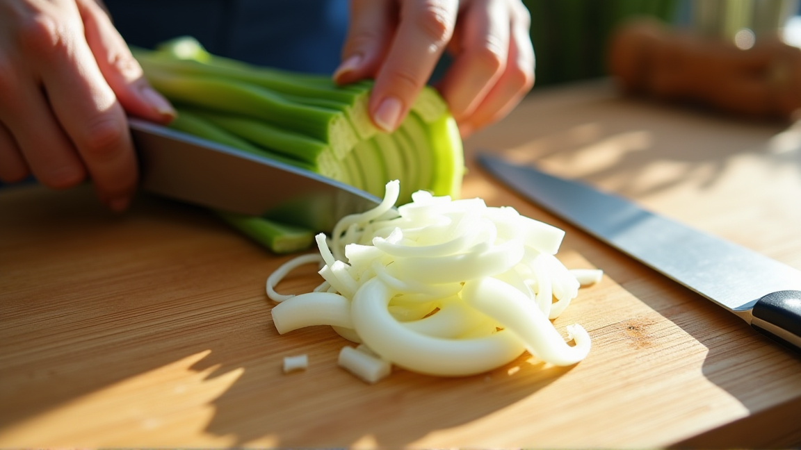 まな板の上で小口切りにされた新鮮な長ネギ