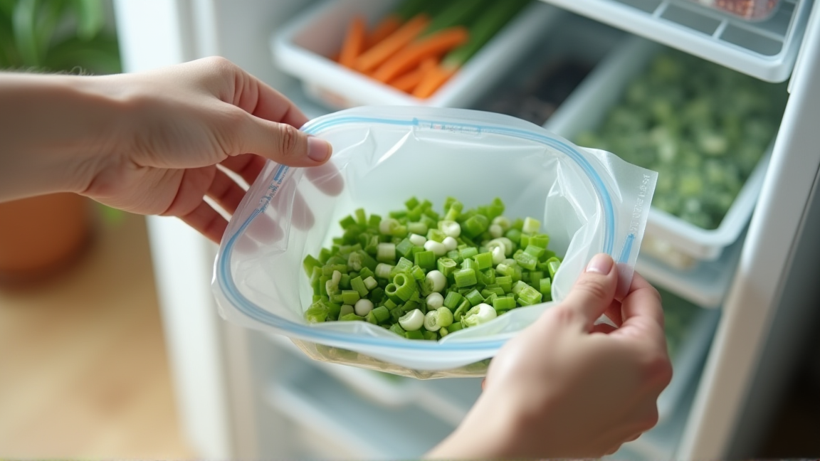 冷凍用保存袋に入った刻みネギを冷凍庫に入れる様子