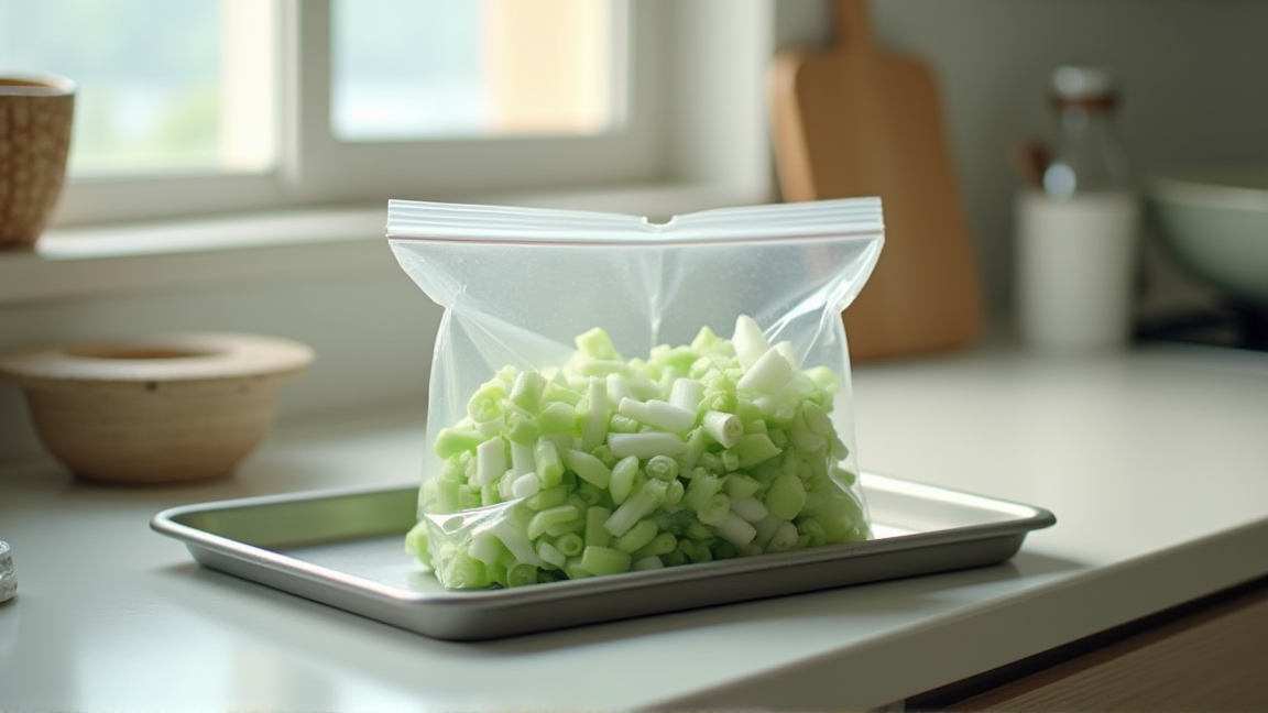 金属トレーの上に置かれた冷凍用保存袋のネギ