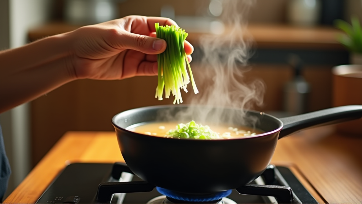 味噌汁の鍋に冷凍ネギをそのまま入れている手元