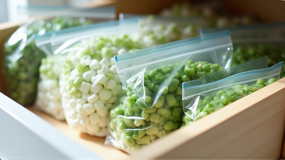 冷凍庫に整理して並べられた保存袋入りの刻みネギ