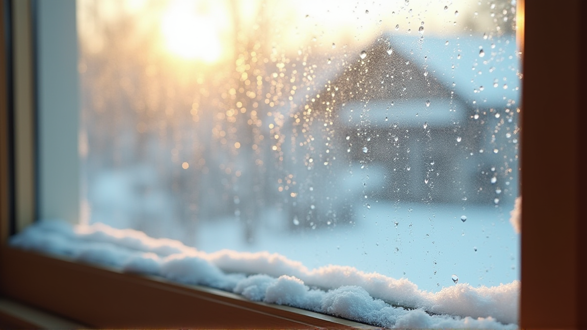 冬の朝の窓ガラスに付いた結露の水滴