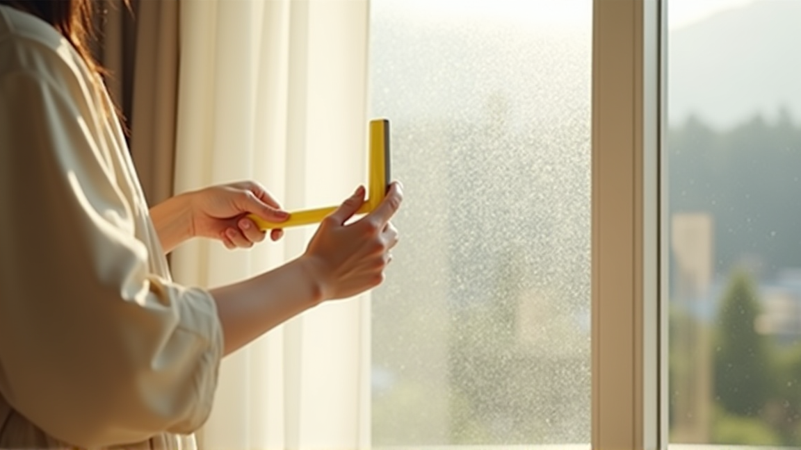 窓の結露をスクイージーで拭き取っている手元