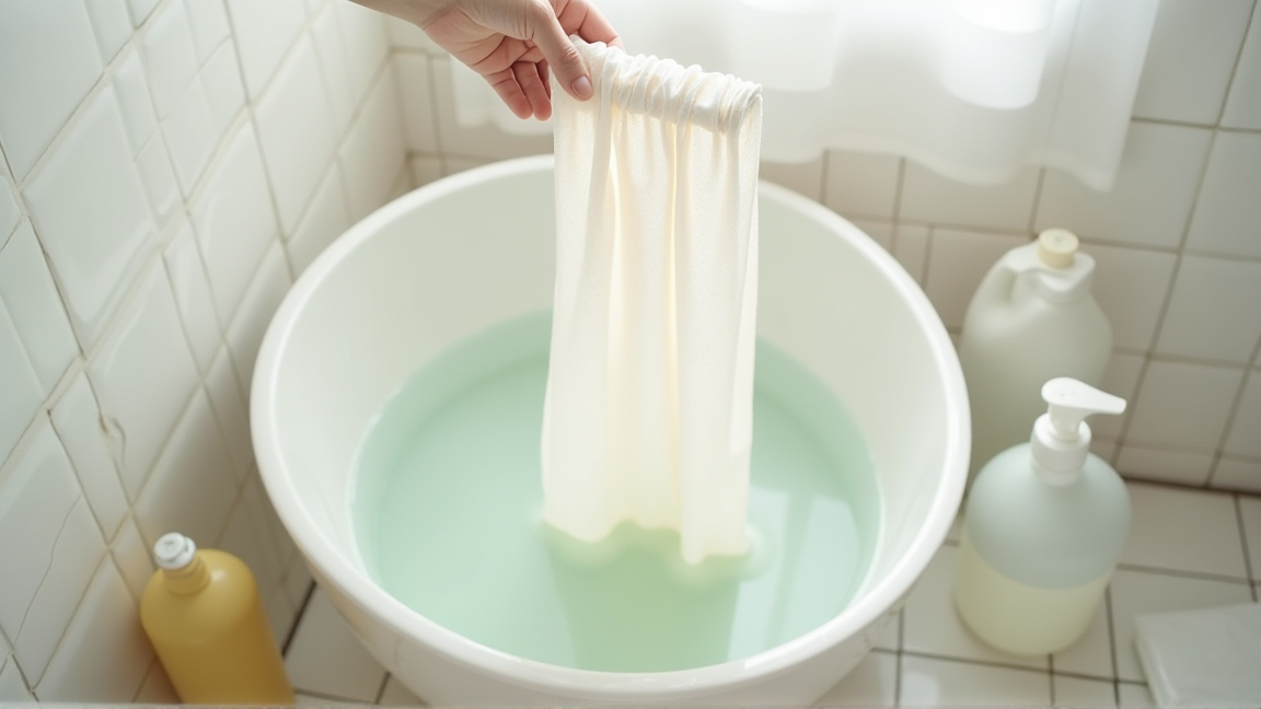 浴室でカーテンを酸素系漂白剤につけ置きしている様子