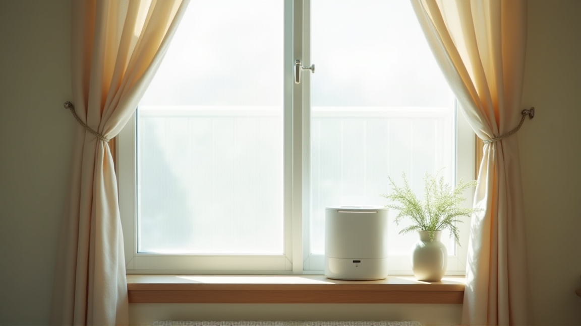 窓辺に置かれた除湿剤と結露防止シートが貼られた窓