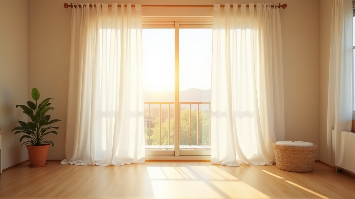 きれいなカーテンが掛かった明るい窓辺のリビング