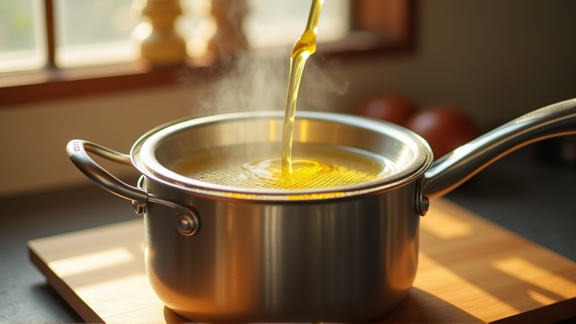 オイルポットに油をこして保存する様子