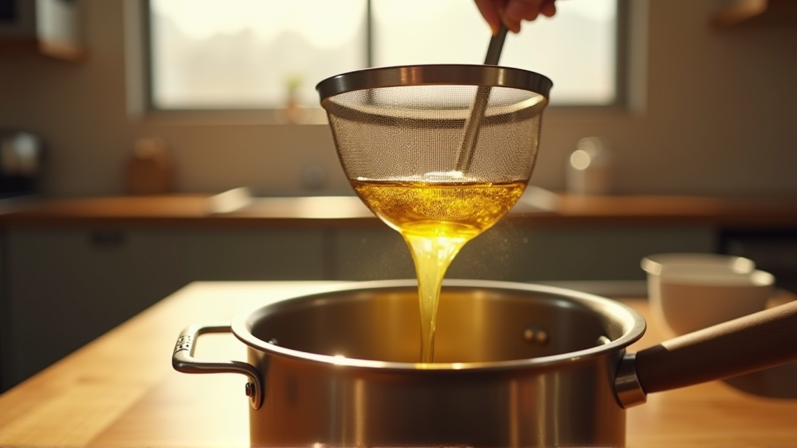 オイルポットに油をこして保存する様子