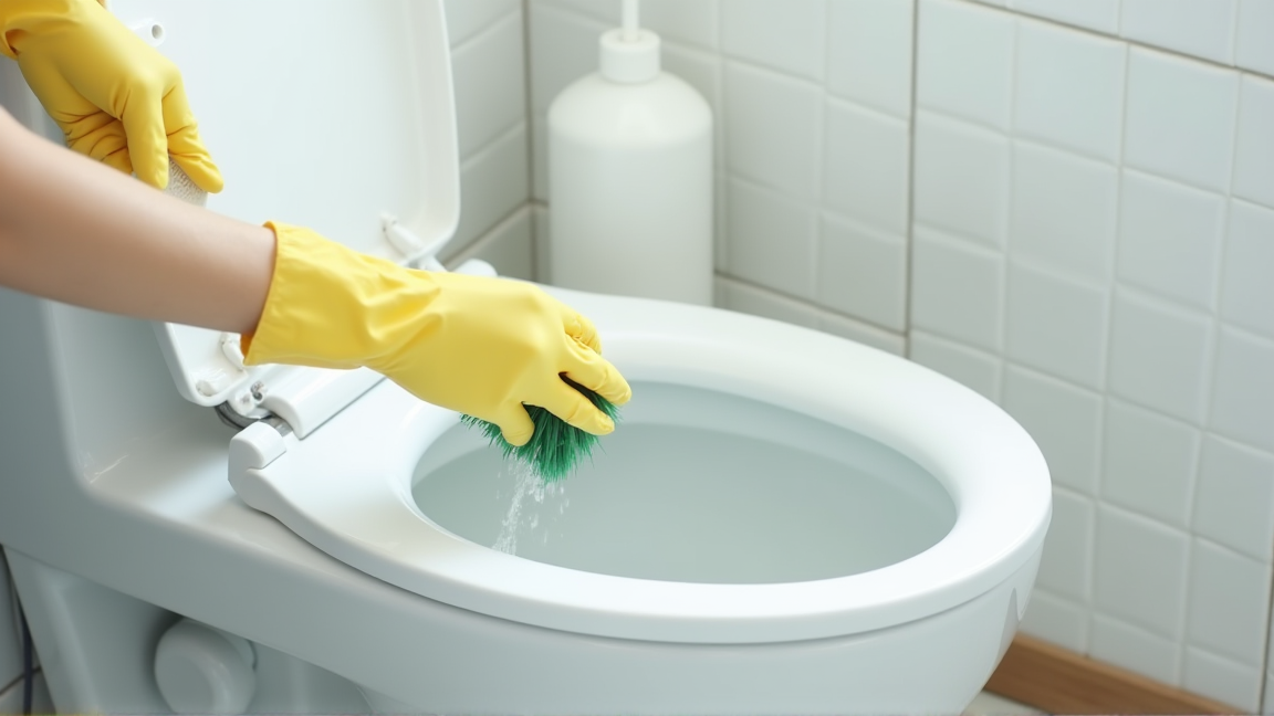 トイレ便器のふち裏を掃除する様子