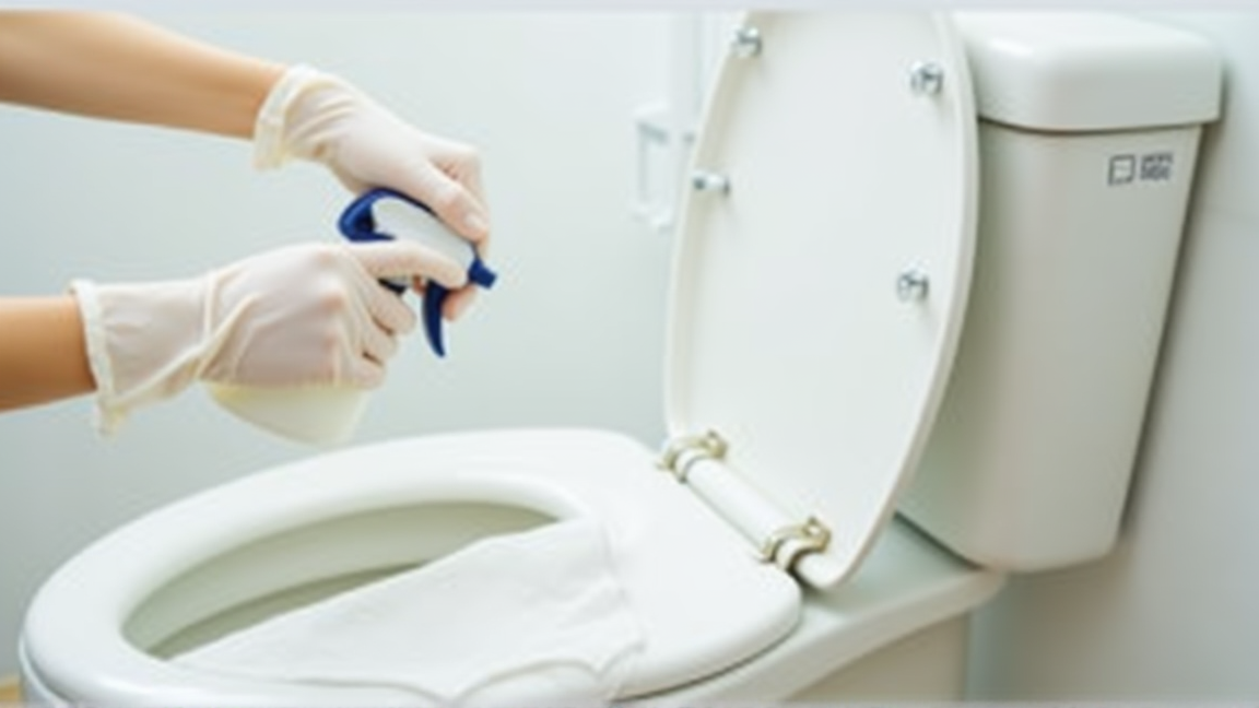 クエン酸スプレーで便座裏を掃除する手元