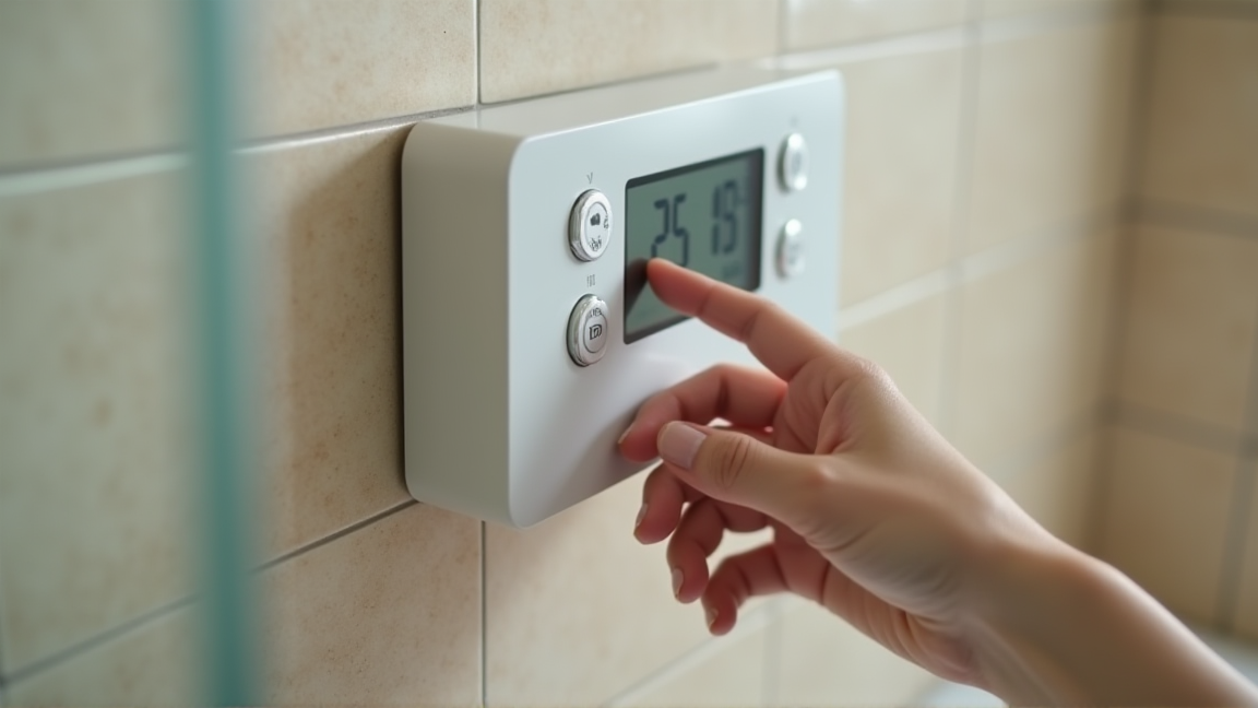 給湯器のリモコンパネルを操作する手元