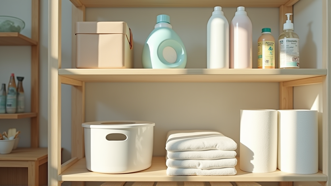 一人暮らしの日用品ストックが整理された棚