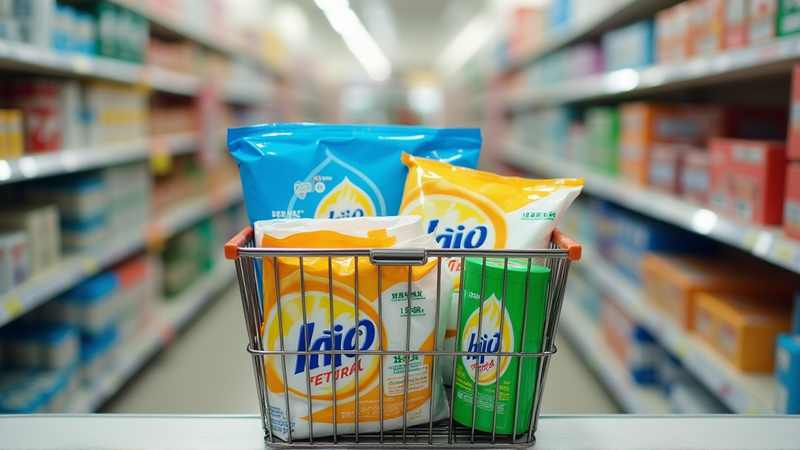 ドラッグストアで日用品を選ぶ買い物かご