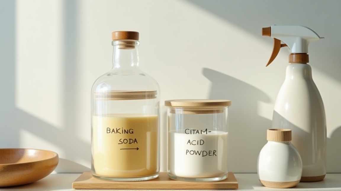 重曹とクエン酸のボトルが並んだキッチン