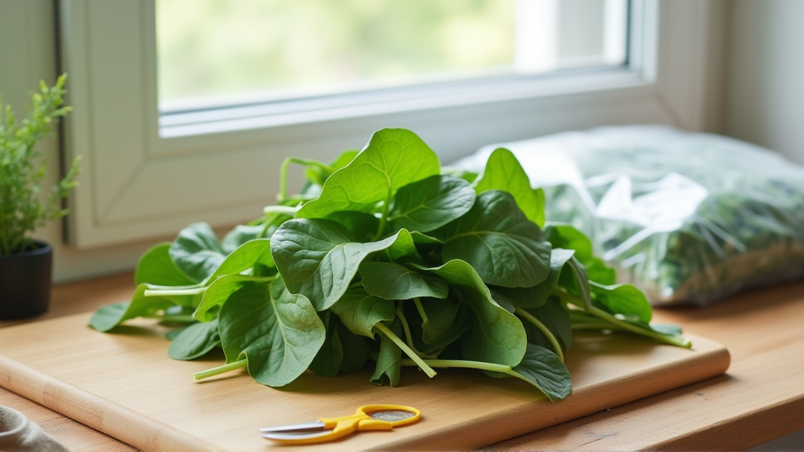 キッチンの作業台に並ぶ新鮮なほうれん草と冷凍用の保存袋